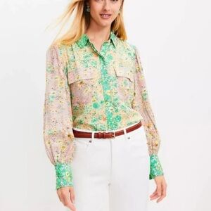 LOFT Green and Pink Floral Blouse